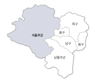 울산광역시 지도에서 서울주군 - 언양읍, 범서읍, 웅촌면, 삼남면, 삼동면, 상북면, 두동면, 두서면 영역 체크